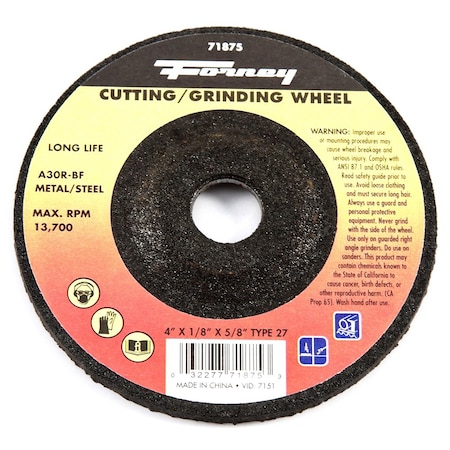 Forney Grinding Wheel, Metal, Type 27, 4 in x 1/8 in x 5/8 in 71875
